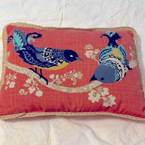 Coral Bird Throw Pillow with Straw Border. 14x19